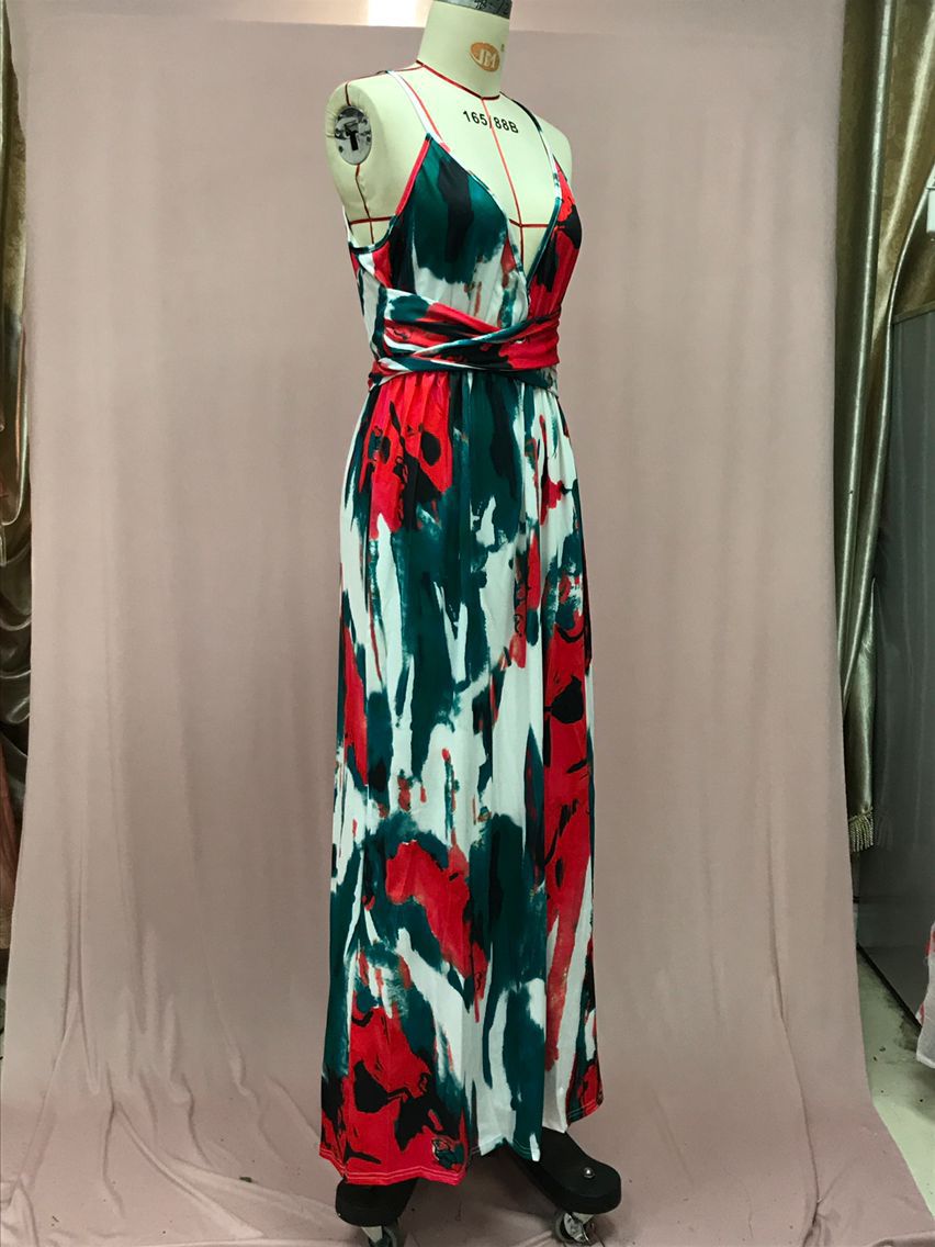 2025 Cross-Border Amazon Spring and Summer New European and American Fashion V Neck Suspender Printed Beach Dress Long Skirt