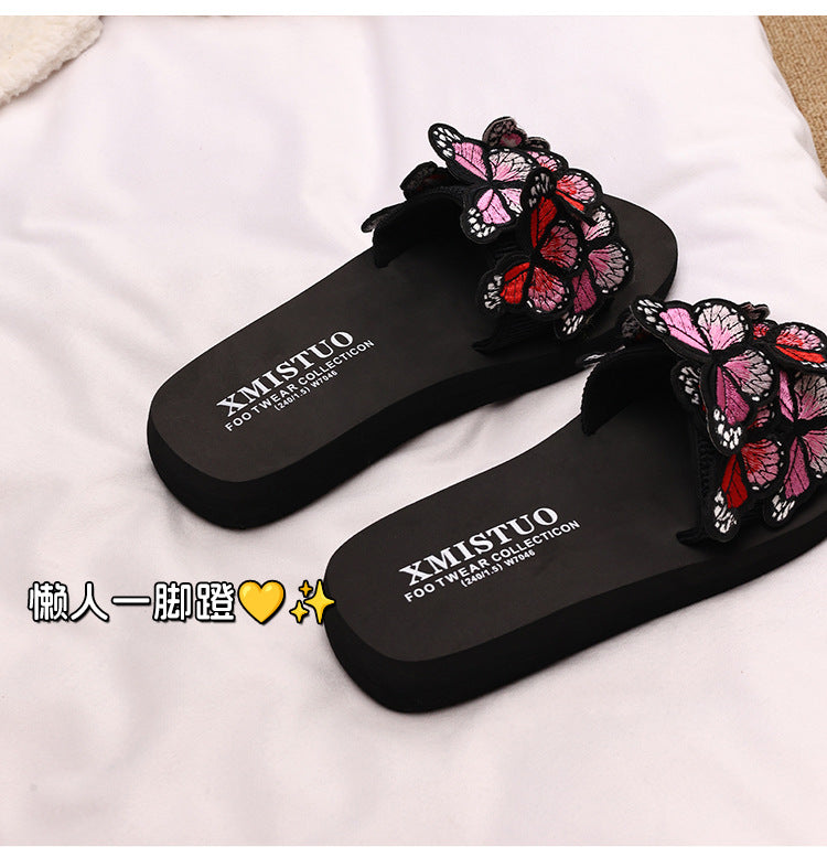 Thick-Soled Wedge-Heeled Sandals for Women, Summer Flip-Flops, Fashionable Holiday Slippers, Seaside Embroidered Butterfly Beach Shoes