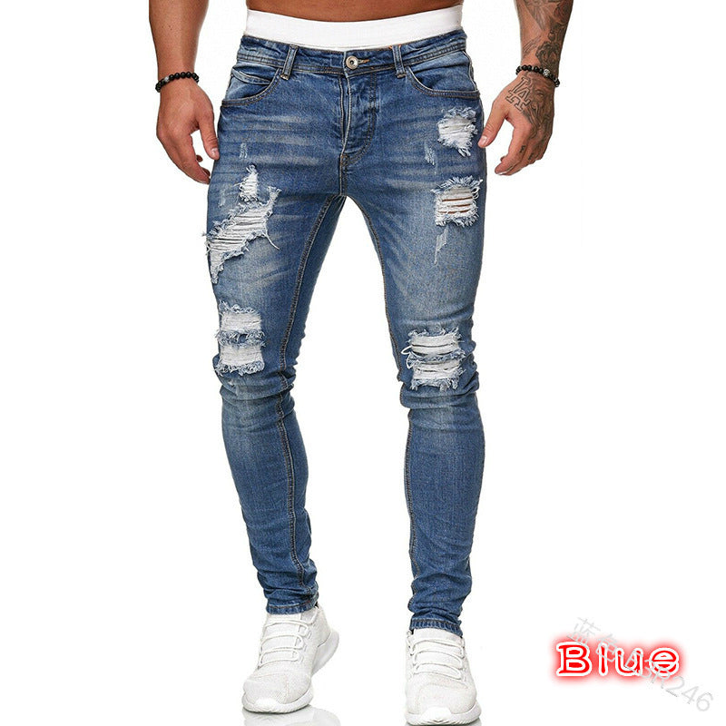 New Trendy European and American Slim-Fit Men's Jeans with Holes, Export Quality Slim-Fit Jeans for Wish Cross-Border Sales