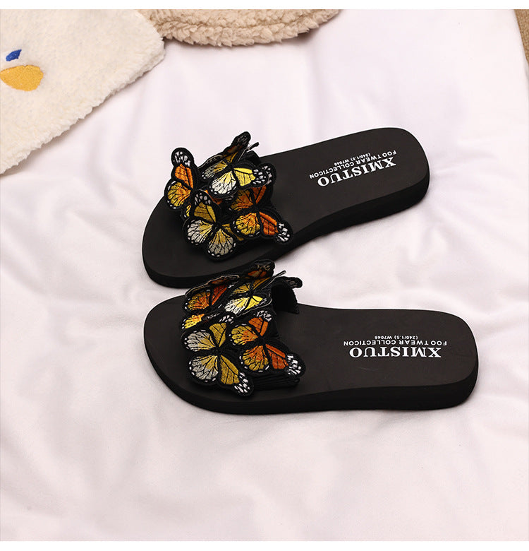 Thick-Soled Wedge-Heeled Sandals for Women, Summer Flip-Flops, Fashionable Holiday Slippers, Seaside Embroidered Butterfly Beach Shoes