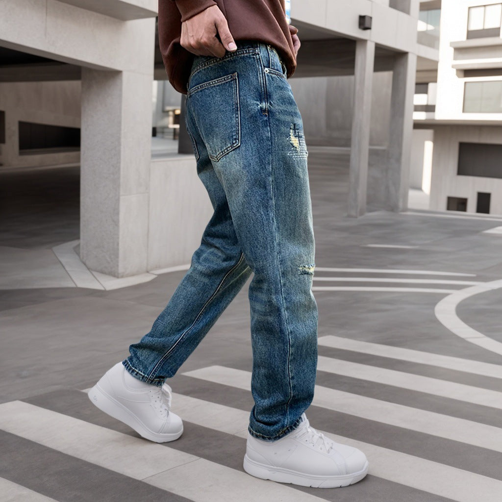 American Style Trendy Brand Ripped Jeans Men's Autumn New Duffy Handsome Trendy Niche Design Sense Loose Straight Long Pants