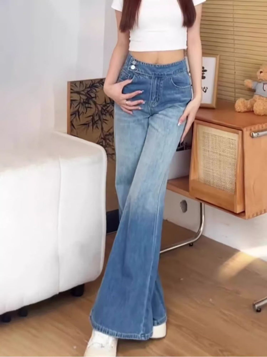 Big Bell Pants Women's Denim Wide Leg Pants Wide Leg 2024 Autumn High Waist Draping Fashion Gradient Floor Pants