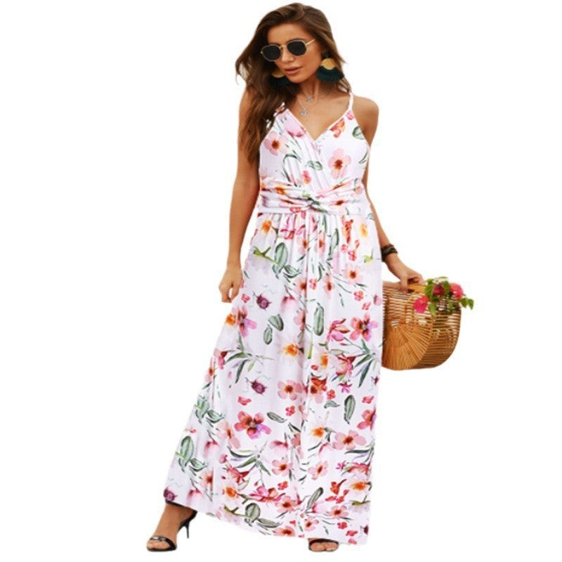 2025 Cross-Border Amazon Spring and Summer New European and American Fashion V Neck Suspender Printed Beach Dress Long Skirt