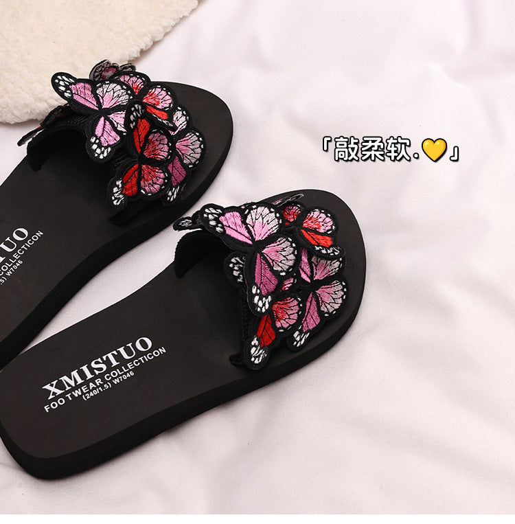 Thick-Soled Wedge-Heeled Sandals for Women, Summer Flip-Flops, Fashionable Holiday Slippers, Seaside Embroidered Butterfly Beach Shoes