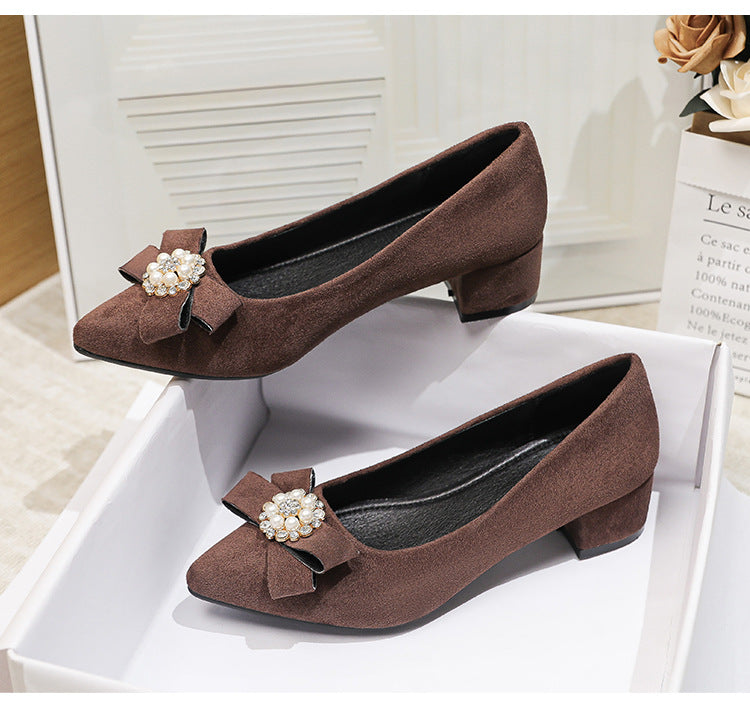 Women's Shallow Slip-On Shoes, 2026 Spring/Summer New Style, Suede with Rhinestones, Comfortable Pointed Toe High Heels, Chunky Heel Loafers