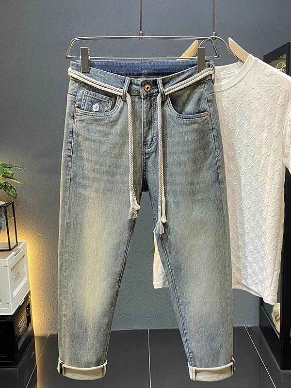 High-End Men's Jeans 2025 Autum New Slim-Fitting Small Straight Pants Trendy Brand Printed Casual Pants for Small Feet