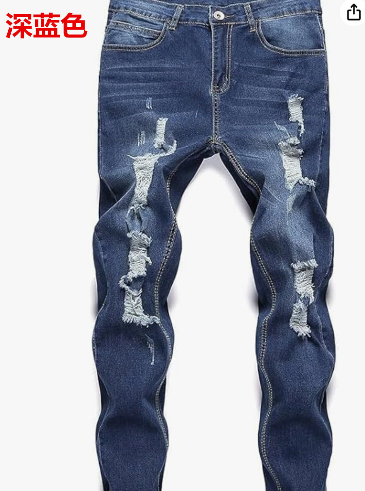 New Trendy European and American Slim-Fit Men's Jeans with Holes, Export Quality Slim-Fit Jeans for Wish Cross-Border Sales