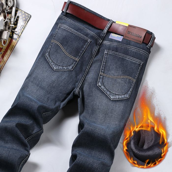Fleece-Lined Thickened Stretch Business Casual Jeans for Young Men, Warm Autumn and Winter Thick New Pants, Guangzhou Xintang