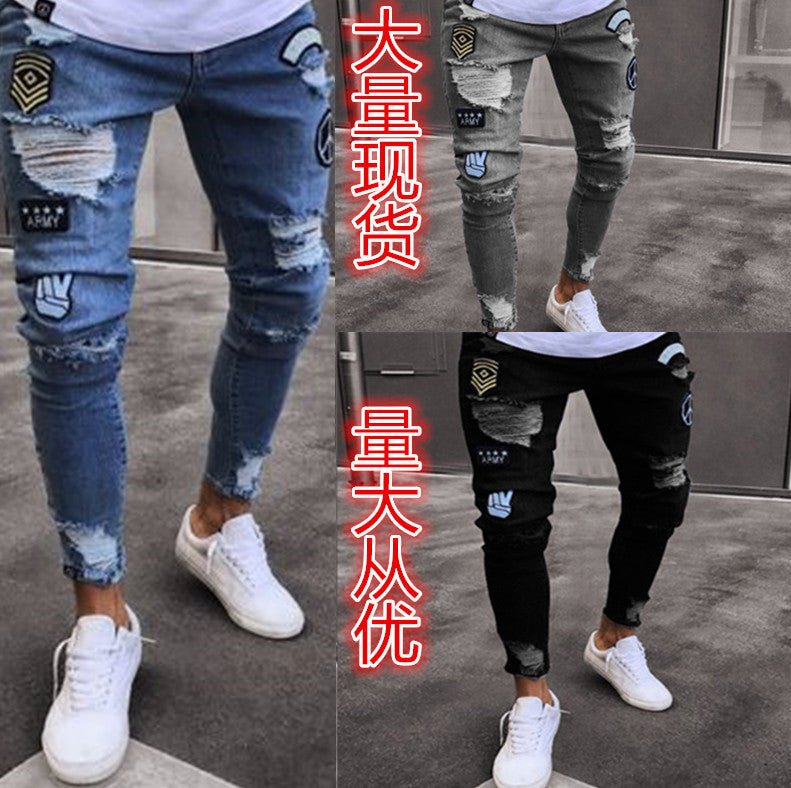 New Trendy European and American Slim-Fit Men's Jeans with Holes, Export Quality Slim-Fit Jeans for Wish Cross-Border Sales