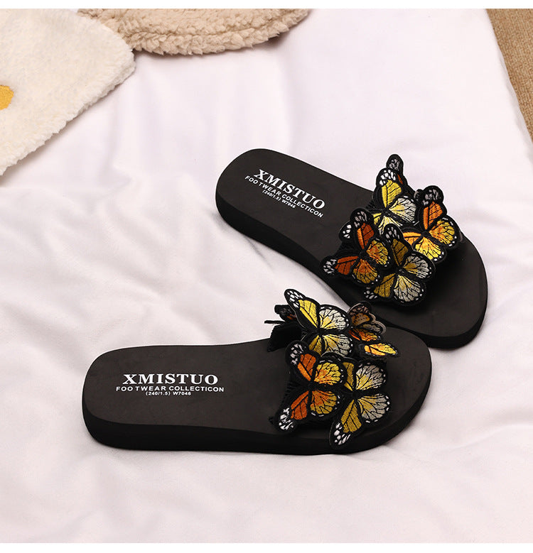 Thick-Soled Wedge-Heeled Sandals for Women, Summer Flip-Flops, Fashionable Holiday Slippers, Seaside Embroidered Butterfly Beach Shoes
