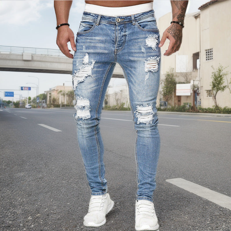 New Trendy European and American Slim-Fit Men's Jeans with Holes, Export Quality Slim-Fit Jeans for Wish Cross-Border Sales