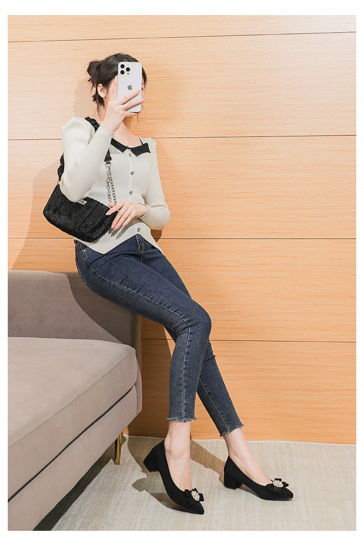 Women's Shallow Slip-On Shoes, 2026 Spring/Summer New Style, Suede with Rhinestones, Comfortable Pointed Toe High Heels, Chunky Heel Loafers