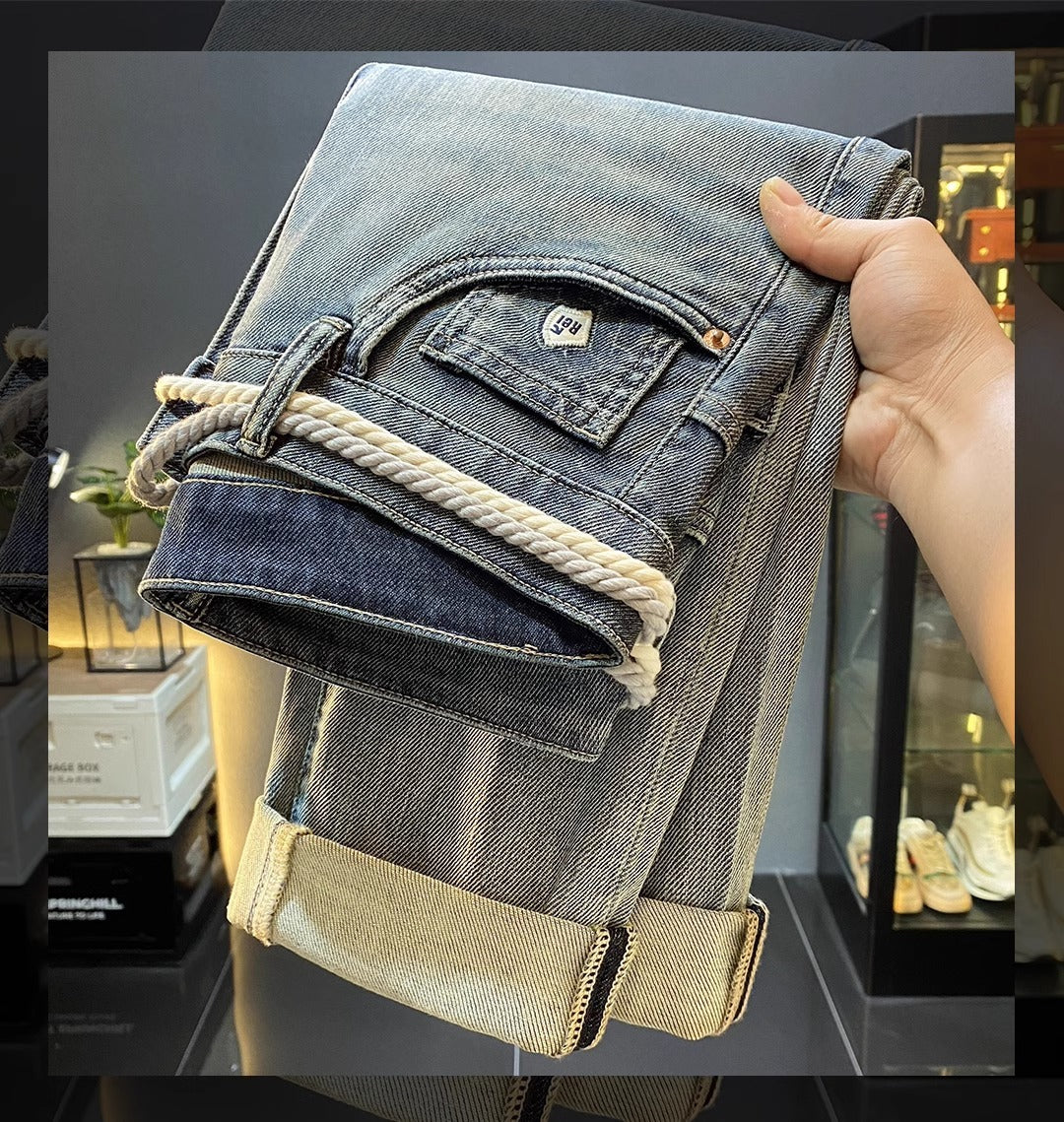 High-End Men's Jeans 2025 Autum New Slim-Fitting Small Straight Pants Trendy Brand Printed Casual Pants for Small Feet
