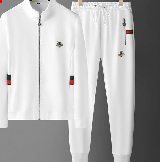 Casual Suit Men's Autumn New Roman Collar Embroidered Bee Jacket Fashionable Brand Youth Sportswear Two-piece Set