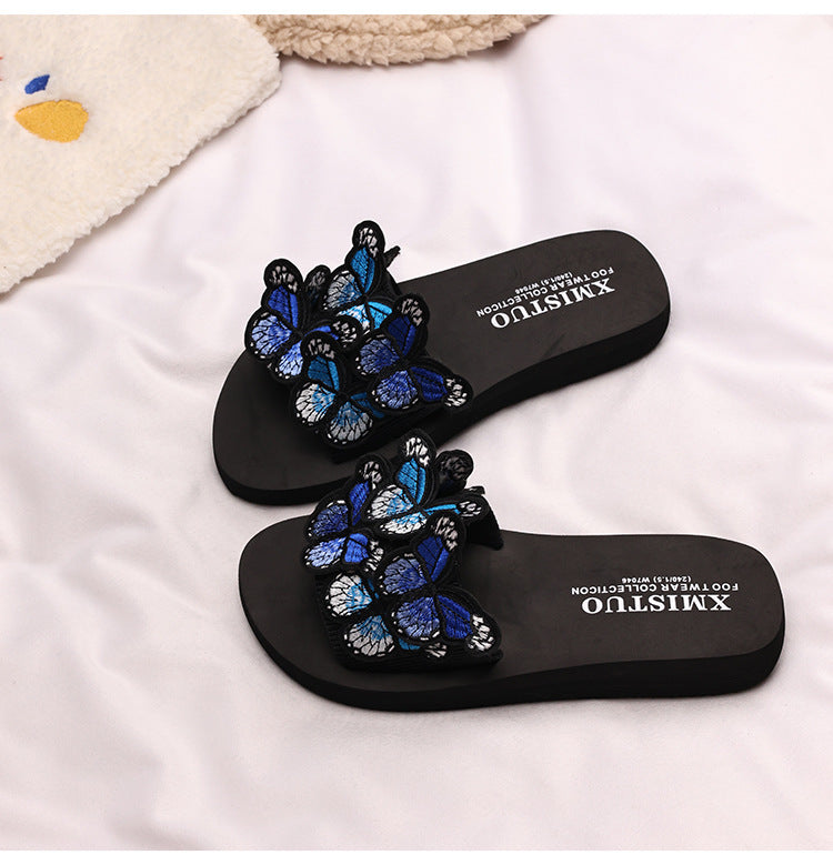 Thick-Soled Wedge-Heeled Sandals for Women, Summer Flip-Flops, Fashionable Holiday Slippers, Seaside Embroidered Butterfly Beach Shoes