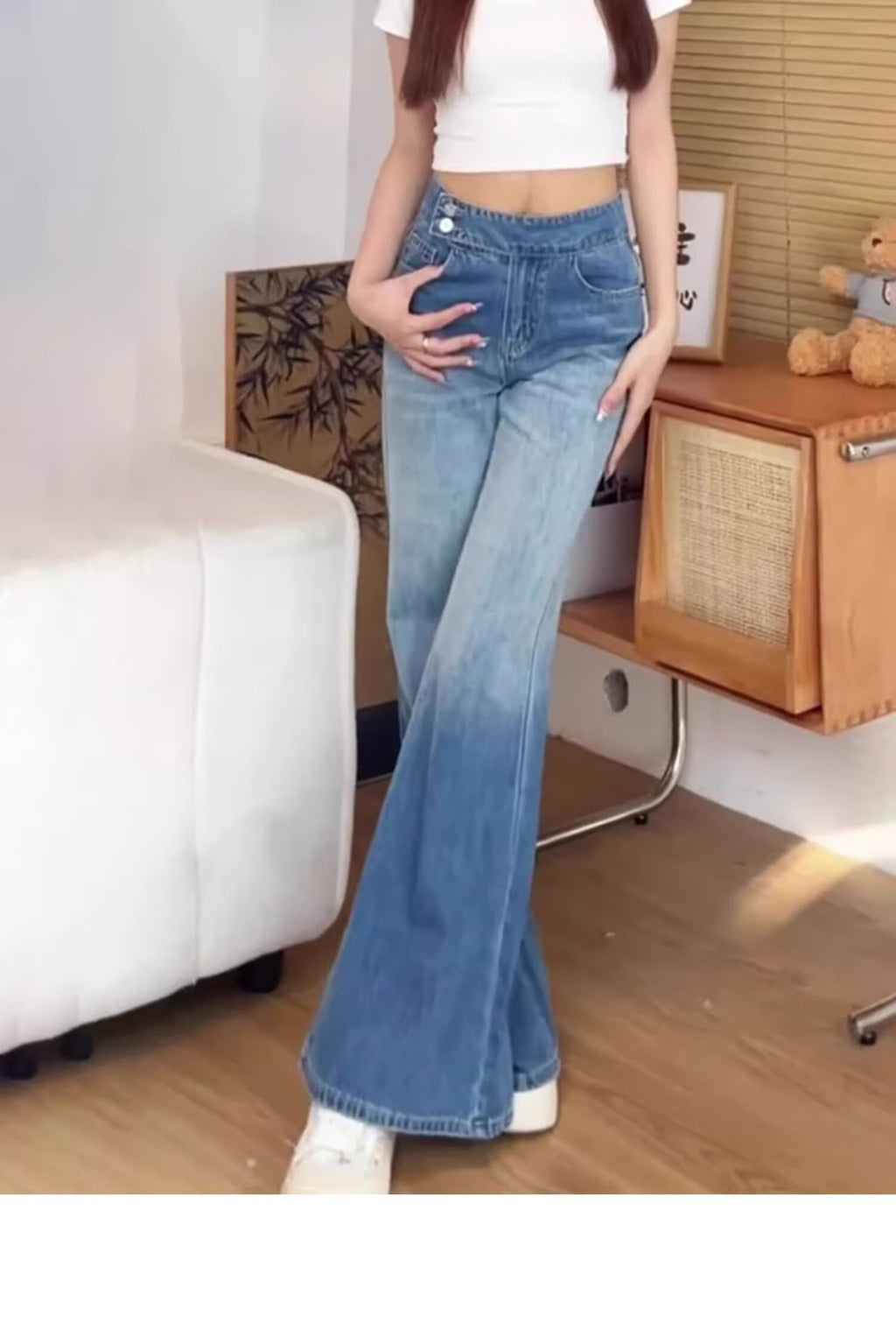 Big Bell Pants Women's Denim Wide Leg Pants Wide Leg 2024 Autumn High Waist Draping Fashion Gradient Floor Pants