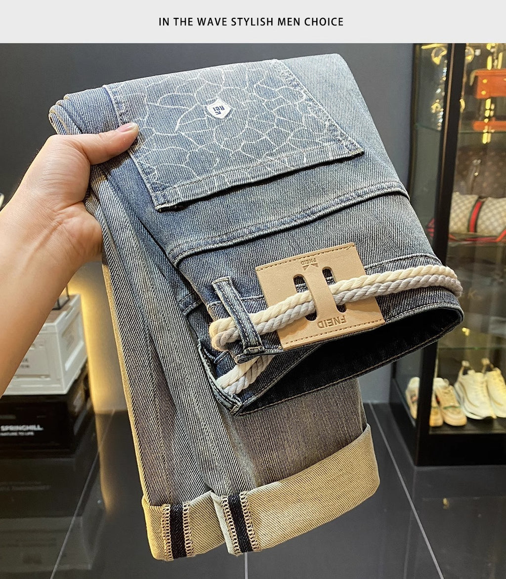High-End Men's Jeans 2025 Autum New Slim-Fitting Small Straight Pants Trendy Brand Printed Casual Pants for Small Feet