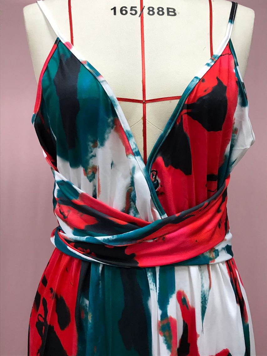 2025 Cross-Border Amazon Spring and Summer New European and American Fashion V Neck Suspender Printed Beach Dress Long Skirt