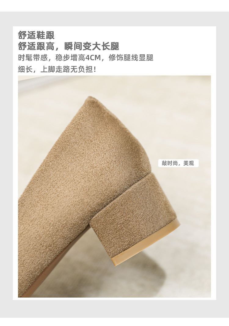 Women's Shallow Slip-On Shoes, 2026 Spring/Summer New Style, Suede with Rhinestones, Comfortable Pointed Toe High Heels, Chunky Heel Loafers