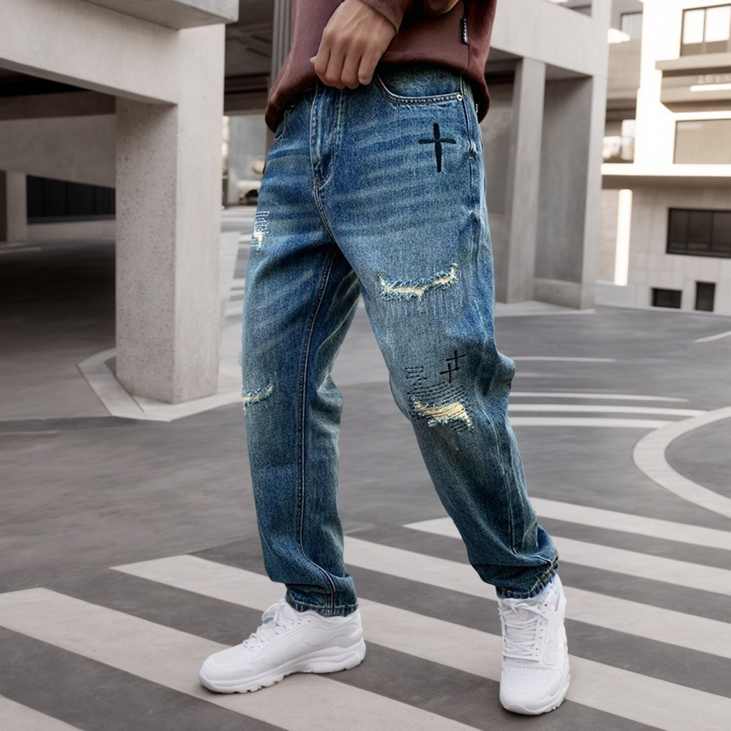 American Style Trendy Brand Ripped Jeans Men's Autumn New Duffy Handsome Trendy Niche Design Sense Loose Straight Long Pants