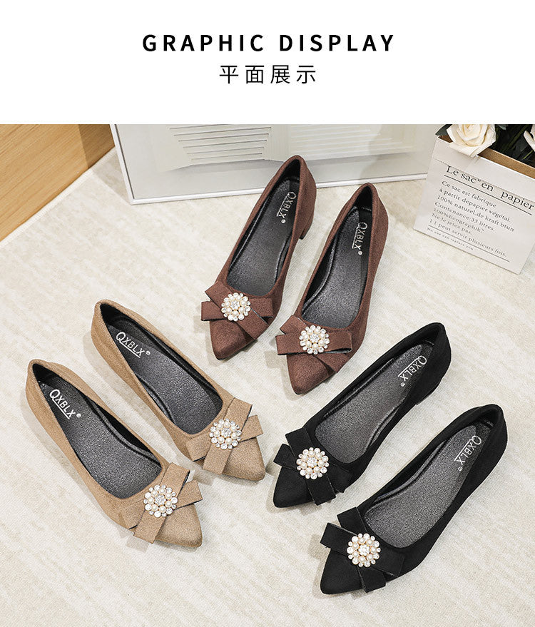 Women's Shallow Slip-On Shoes, 2026 Spring/Summer New Style, Suede with Rhinestones, Comfortable Pointed Toe High Heels, Chunky Heel Loafers