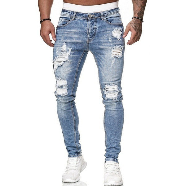 New Trendy European and American Slim-Fit Men's Jeans with Holes, Export Quality Slim-Fit Jeans for Wish Cross-Border Sales