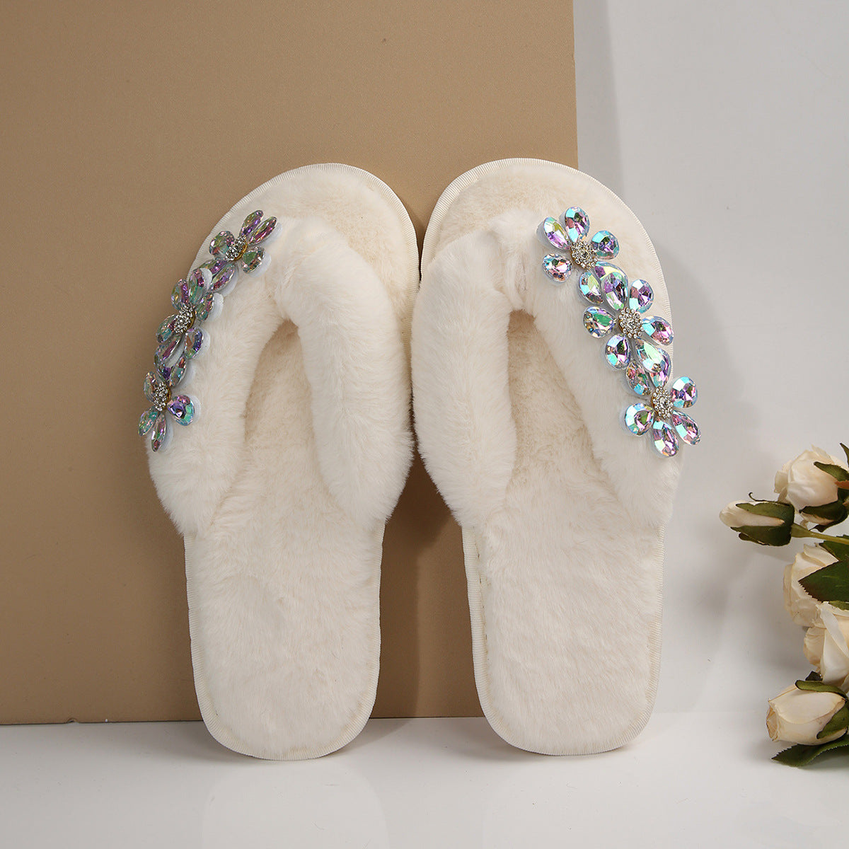 Cross-Border Foreign Trade Amazon Women's Flip-Flops with Large Flower Rhinestones, Comfortable Soft-Soled Slippers, Women's Large Size Flip-Flops