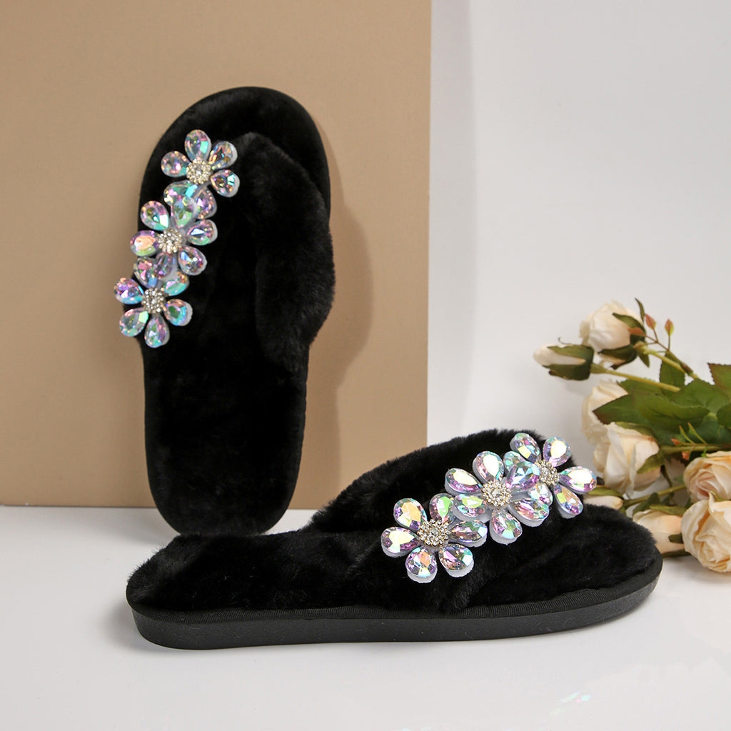 Cross-Border Foreign Trade Amazon Women's Flip-Flops with Large Flower Rhinestones, Comfortable Soft-Soled Slippers, Women's Large Size Flip-Flops