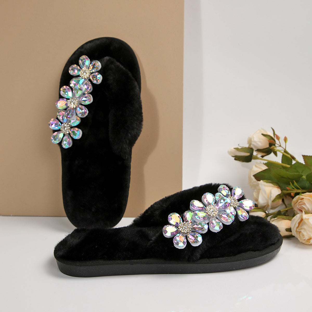 Cross-Border Foreign Trade Amazon Women's Flip-Flops with Large Flower Rhinestones, Comfortable Soft-Soled Slippers, Women's Large Size Flip-Flops