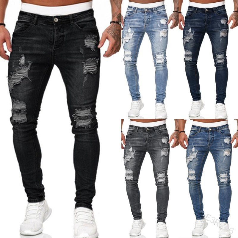 New Trendy European and American Slim-Fit Men's Jeans with Holes, Export Quality Slim-Fit Jeans for Wish Cross-Border Sales