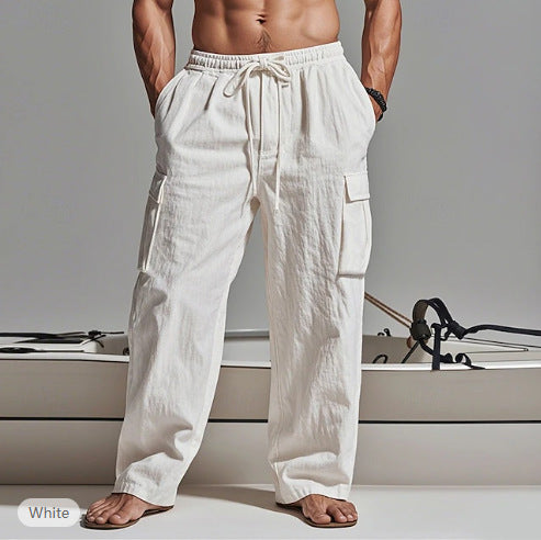 2025  Men's Solid Color plus size Cordwork Pants Drawstring Elelastic Multi-Pocket Wide Men's Casual Pants
