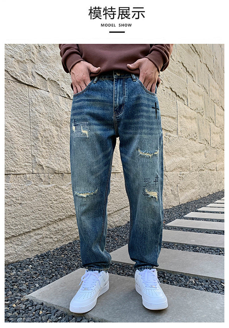 American Style Trendy Brand Ripped Jeans Men's Autumn New Duffy Handsome Trendy Niche Design Sense Loose Straight Long Pants