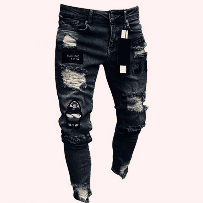 New Trendy European and American Slim-Fit Men's Jeans with Holes, Export Quality Slim-Fit Jeans for Wish Cross-Border Sales