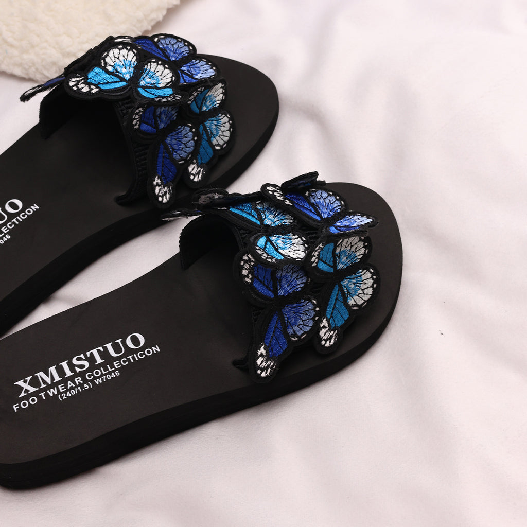 Thick-Soled Wedge-Heeled Sandals for Women, Summer Flip-Flops, Fashionable Holiday Slippers, Seaside Embroidered Butterfly Beach Shoes