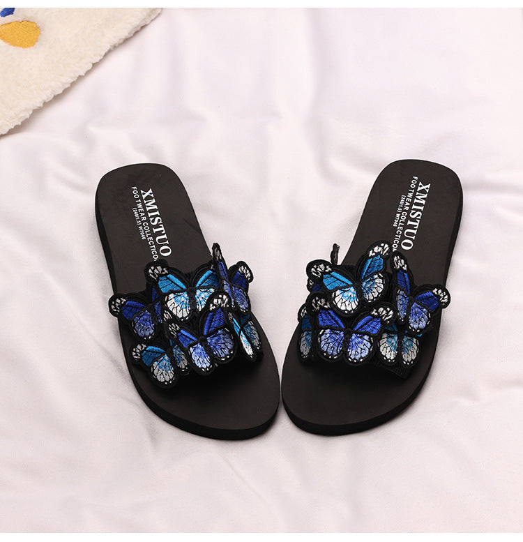 Thick-Soled Wedge-Heeled Sandals for Women, Summer Flip-Flops, Fashionable Holiday Slippers, Seaside Embroidered Butterfly Beach Shoes