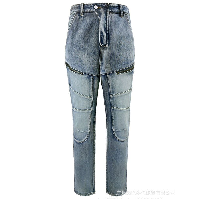 Cross-border European and American Motorcycle Kevlar Double Zipper Riding Pants Four Seasons Motorcycle Slim-fit Jeans Racing Anti-fall Pants
