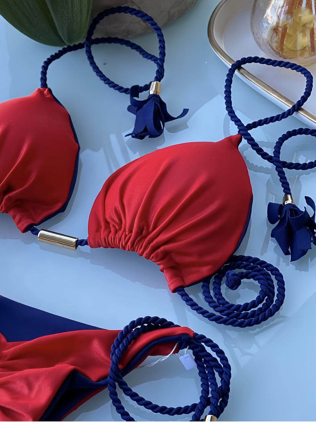 2025 new solid color fabric rope bikini triangle swimsuit Amazon European and American swimsuit in stock