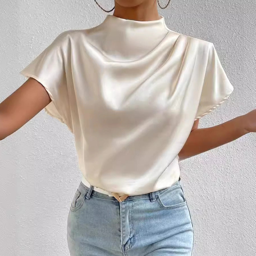 2026 Cross-Border Hot-Selling New Product Round Neck Short-Sleeve Left Shoulder Ruched T-Shirt Satin Women's Top Wholesale in Stock