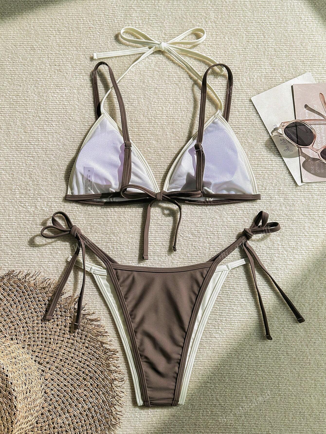 European and American Export Cross-Border Double-Layer 2-Piece Set of Contrasting Color Split Three-Point Bikini Adjustable Swimsuit Women's Swimsuit