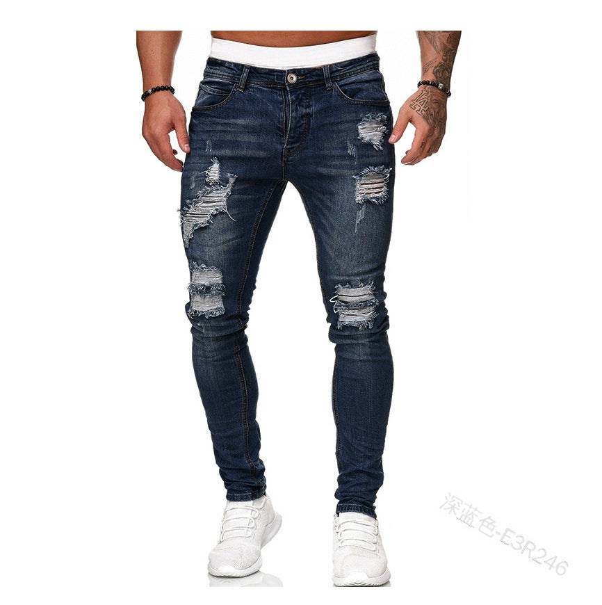 New Trendy European and American Slim-Fit Men's Jeans with Holes, Export Quality Slim-Fit Jeans for Wish Cross-Border Sales