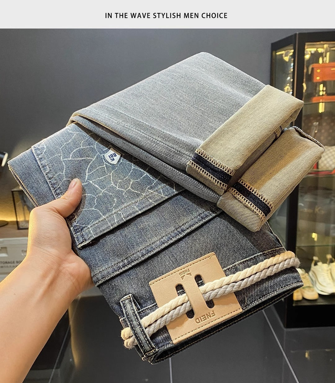 High-End Men's Jeans 2025 Autum New Slim-Fitting Small Straight Pants Trendy Brand Printed Casual Pants for Small Feet