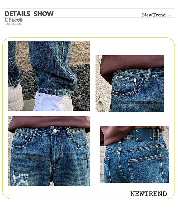 American Style Trendy Brand Ripped Jeans Men's Autumn New Duffy Handsome Trendy Niche Design Sense Loose Straight Long Pants