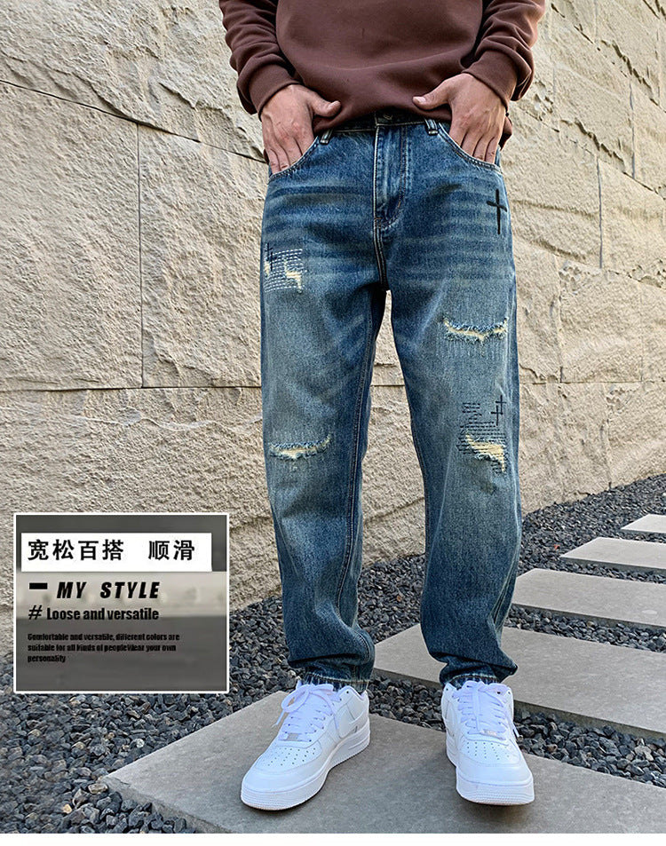 American Style Trendy Brand Ripped Jeans Men's Autumn New Duffy Handsome Trendy Niche Design Sense Loose Straight Long Pants