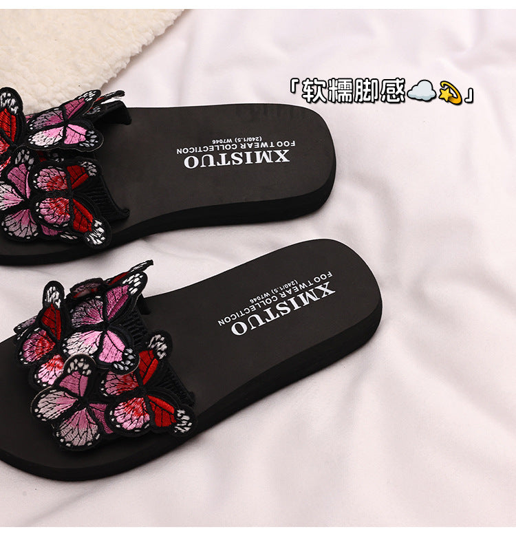 Thick-Soled Wedge-Heeled Sandals for Women, Summer Flip-Flops, Fashionable Holiday Slippers, Seaside Embroidered Butterfly Beach Shoes
