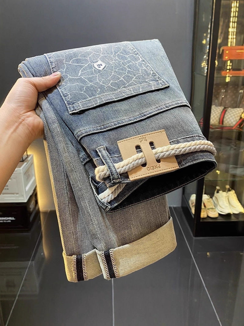 High-End Men's Jeans 2025 Autum New Slim-Fitting Small Straight Pants Trendy Brand Printed Casual Pants for Small Feet