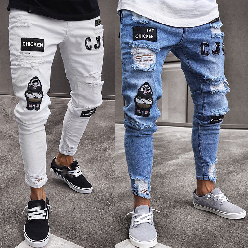 New Trendy European and American Slim-Fit Men's Jeans with Holes, Export Quality Slim-Fit Jeans for Wish Cross-Border Sales