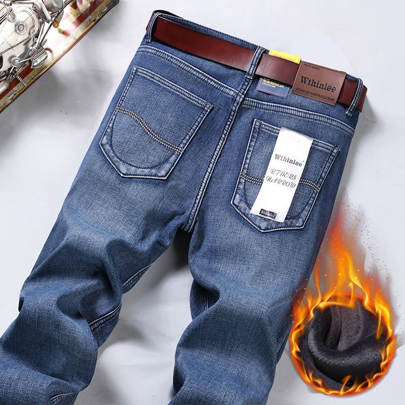 Fleece-Lined Thickened Stretch Business Casual Jeans for Young Men, Warm Autumn and Winter Thick New Pants, Guangzhou Xintang
