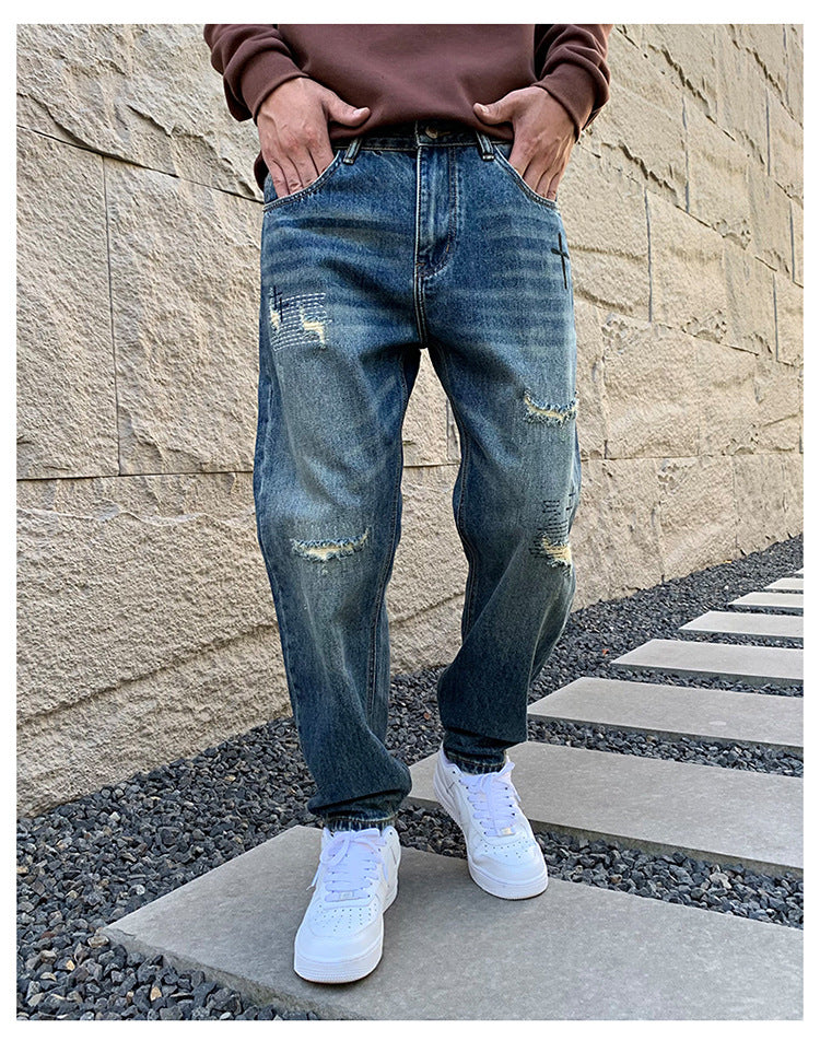 American Style Trendy Brand Ripped Jeans Men's Autumn New Duffy Handsome Trendy Niche Design Sense Loose Straight Long Pants