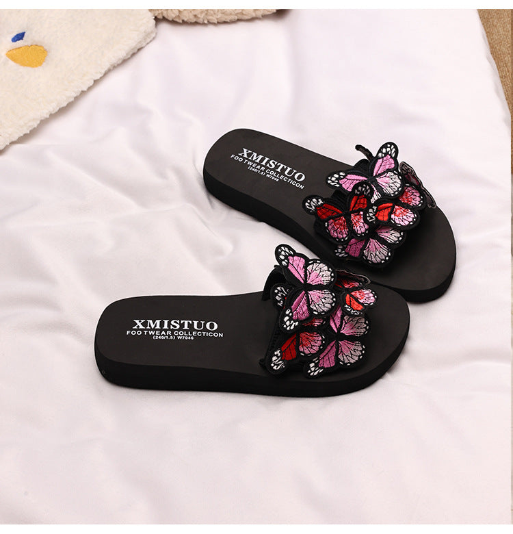 Thick-Soled Wedge-Heeled Sandals for Women, Summer Flip-Flops, Fashionable Holiday Slippers, Seaside Embroidered Butterfly Beach Shoes