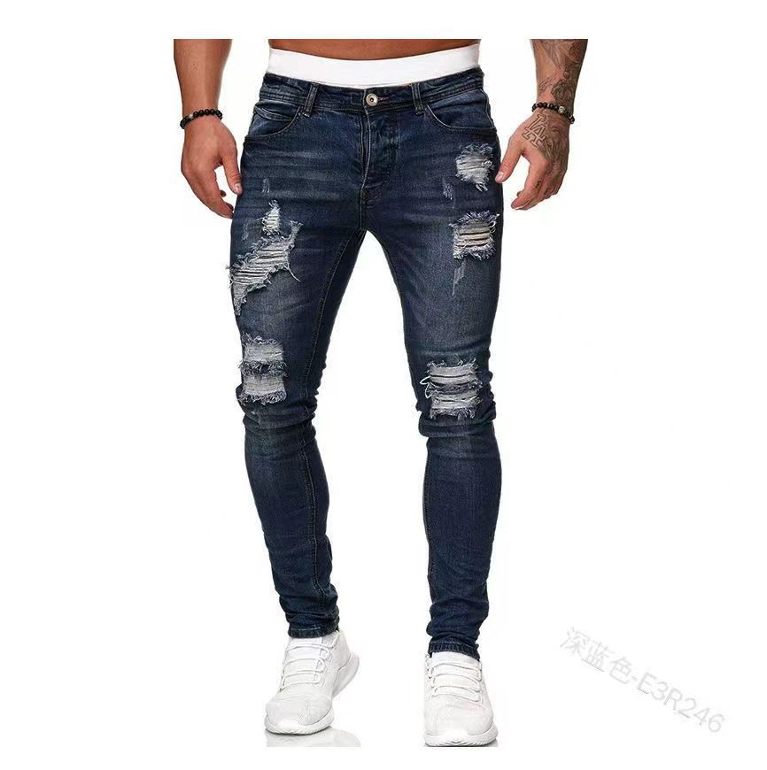 New Trendy European and American Slim-Fit Men's Jeans with Holes, Export Quality Slim-Fit Jeans for Wish Cross-Border Sales